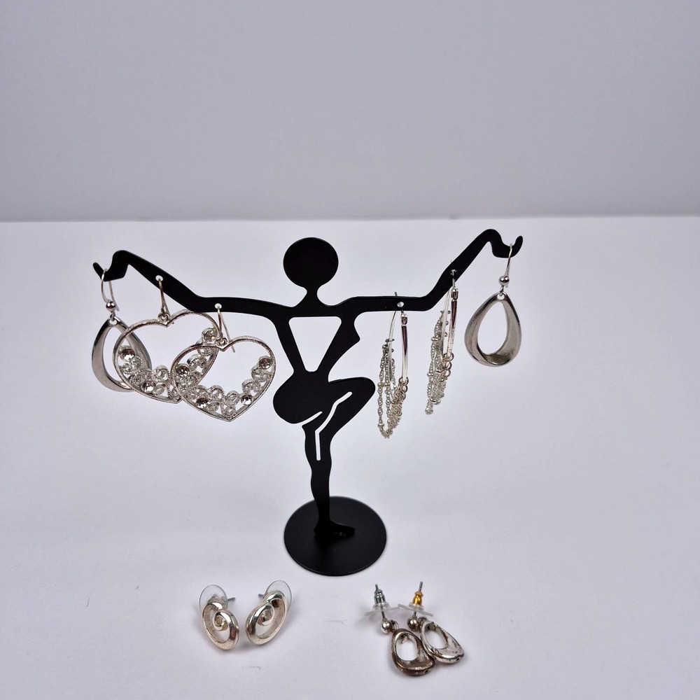 Silver Tone Earrings Lot 5pc Dangle Stud Hoop Heart Rhinestone Jewelry Destash